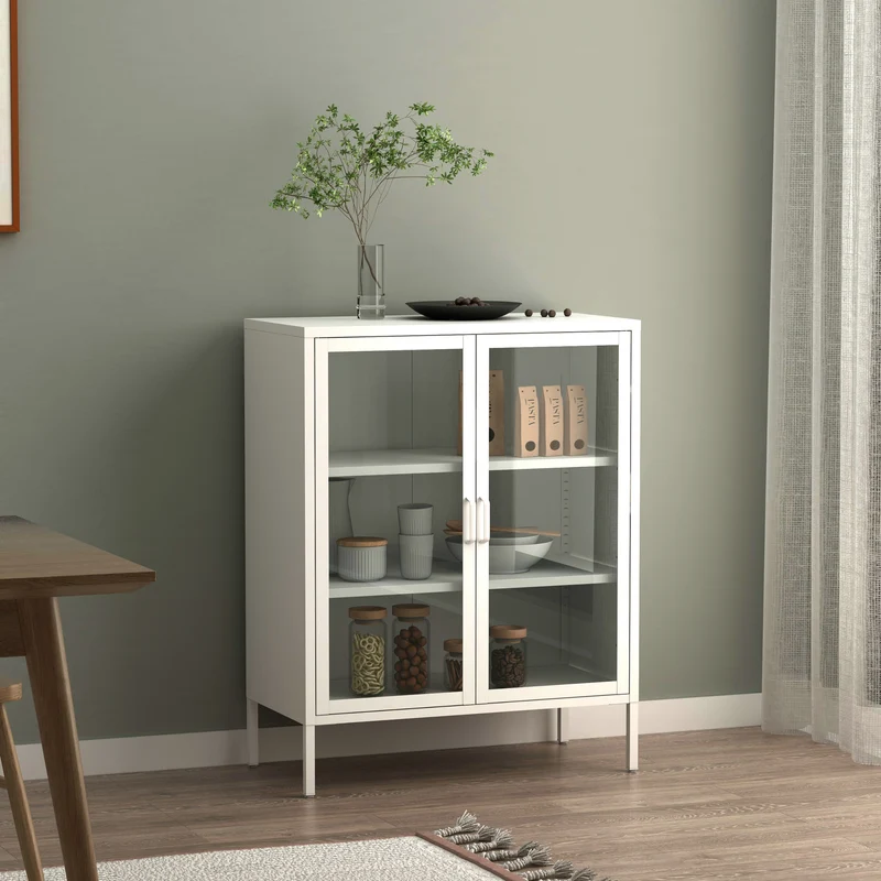 Aparador Fauske con 2 puertas de cristal templado y acero 102 x 80 x 40 cm - En diferentes colores y Transparente [en.casa]