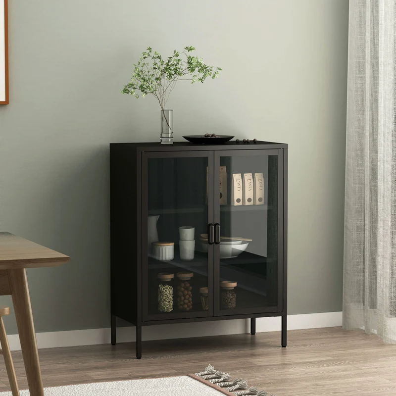 Aparador Fauske con 2 puertas de cristal templado y acero 102 x 80 x 40 cm - En diferentes colores y Transparente [en.casa]
