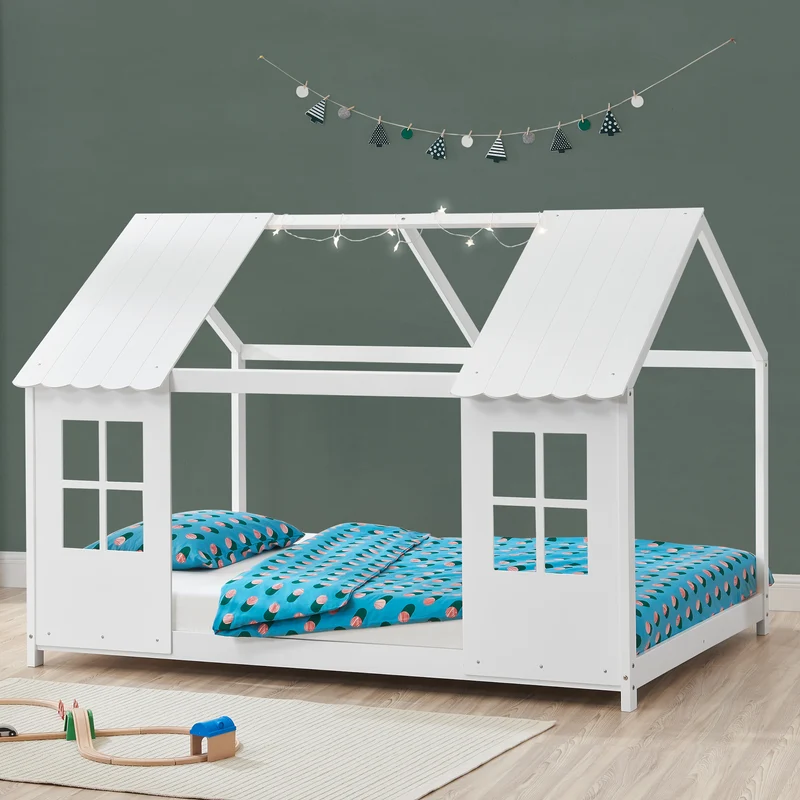 Cama para niños Tostedt en forma de casa con ventanas pino En diferentes medidas - Blanco [en.casa]