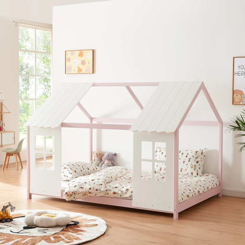 Cama para niños Tostedt en forma de casa con ventanas pino En diferentes medidas - Blanco [en.casa]