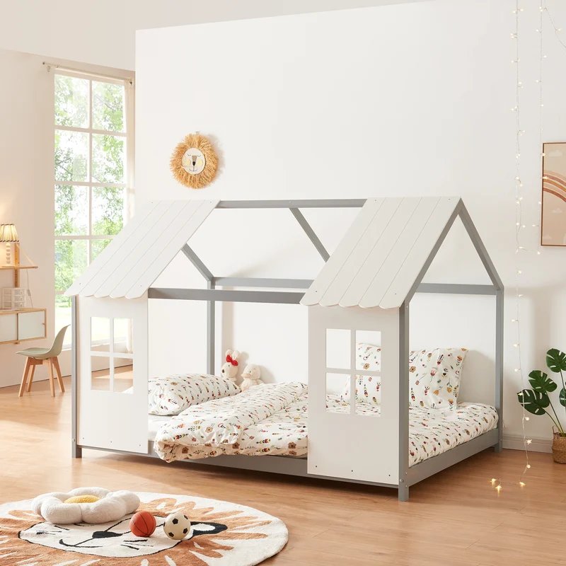 Cama para niños Tostedt en forma de casa con ventanas pino En diferentes medidas - Blanco [en.casa]
