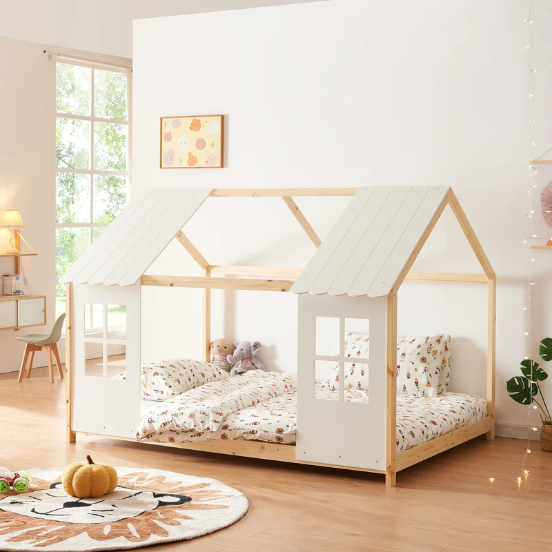 Cama para niños Tostedt en forma de casa con ventanas pino En diferentes medidas - Blanco [en.casa]