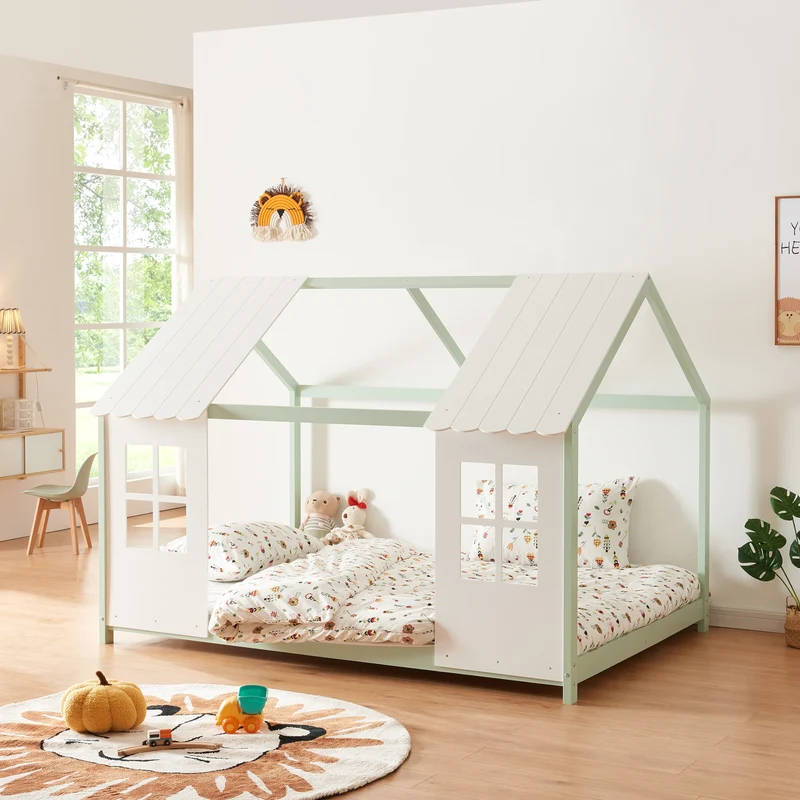 Cama para niños Tostedt en forma de casa con ventanas pino En diferentes medidas - Blanco [en.casa]