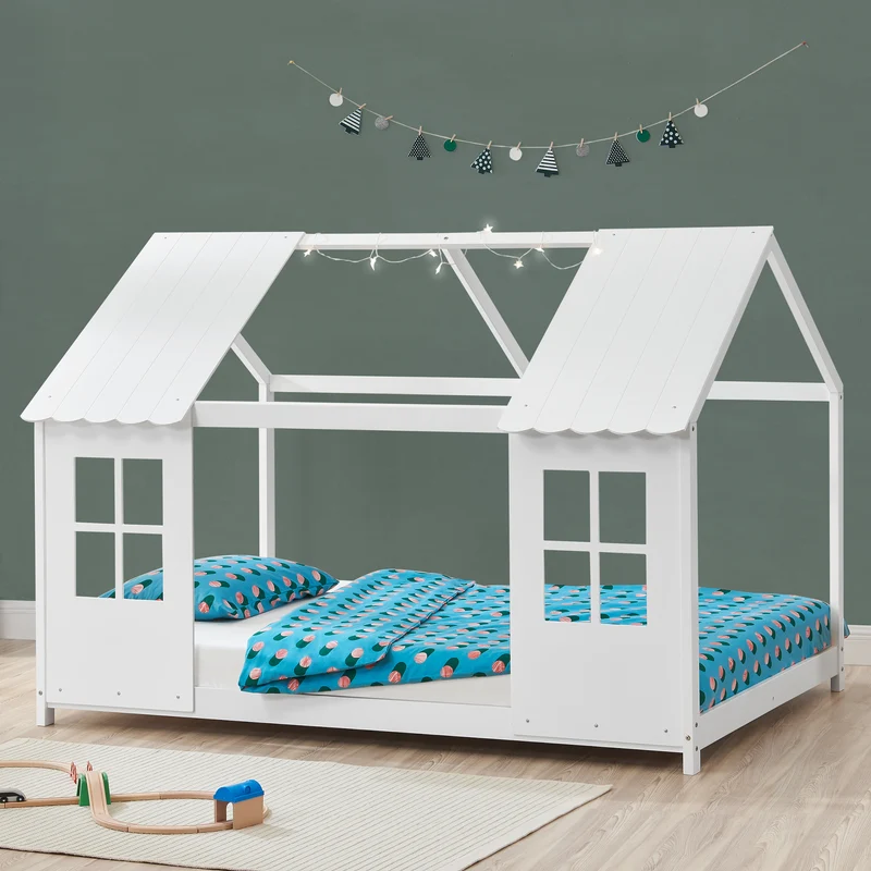 Cama para niños Tostedt en forma de casa con ventanas pino En diferentes medidas - Blanco [en.casa]