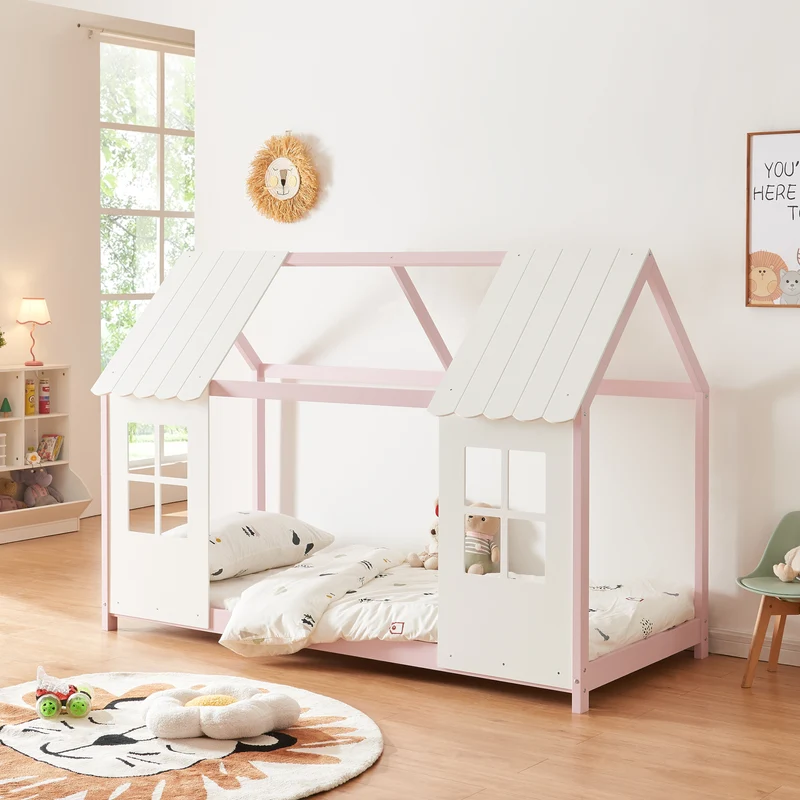Cama para niños Tostedt en forma de casa con ventanas pino En diferentes medidas - Blanco [en.casa]