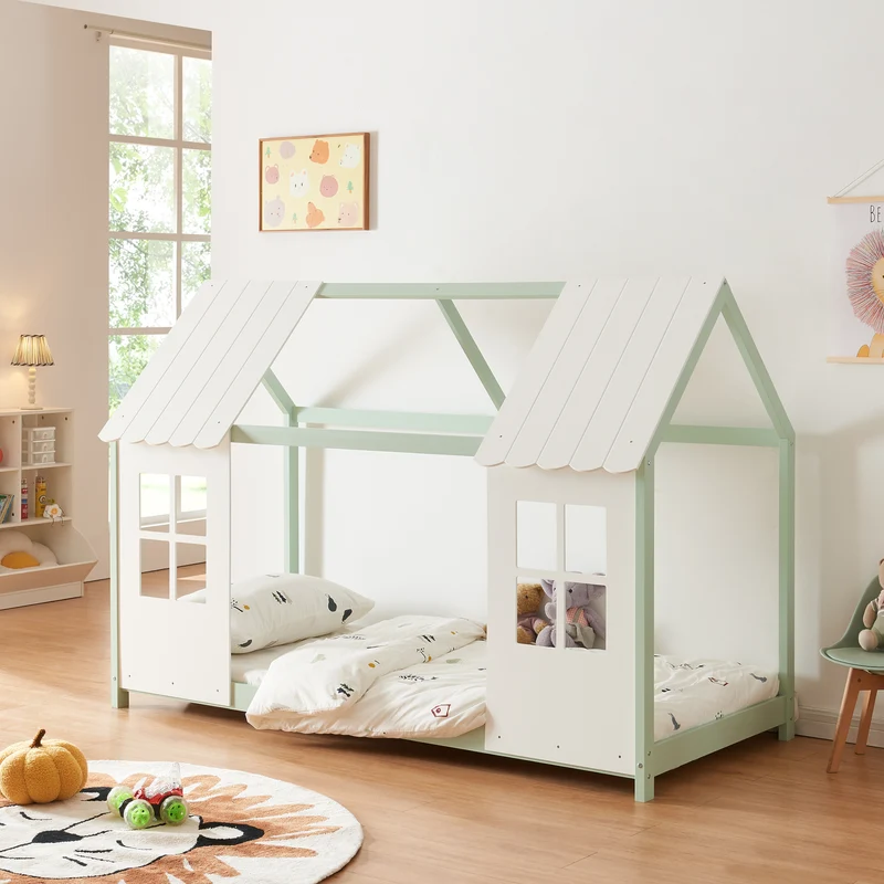Cama para niños Tostedt en forma de casa con ventanas pino En diferentes medidas - Blanco [en.casa]