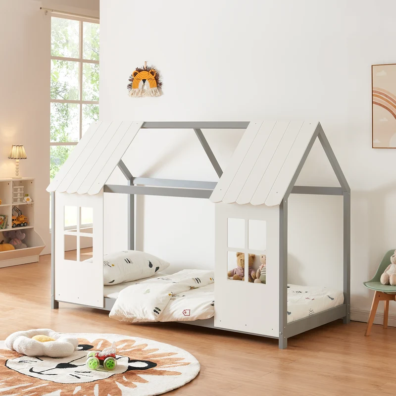 Cama para niños Tostedt en forma de casa con ventanas pino En diferentes medidas - Blanco [en.casa]