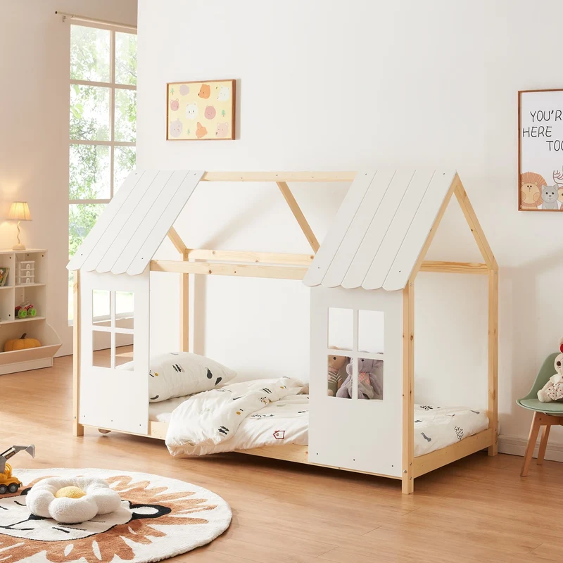 Cama para niños Tostedt en forma de casa con ventanas pino En diferentes medidas - Blanco [en.casa]