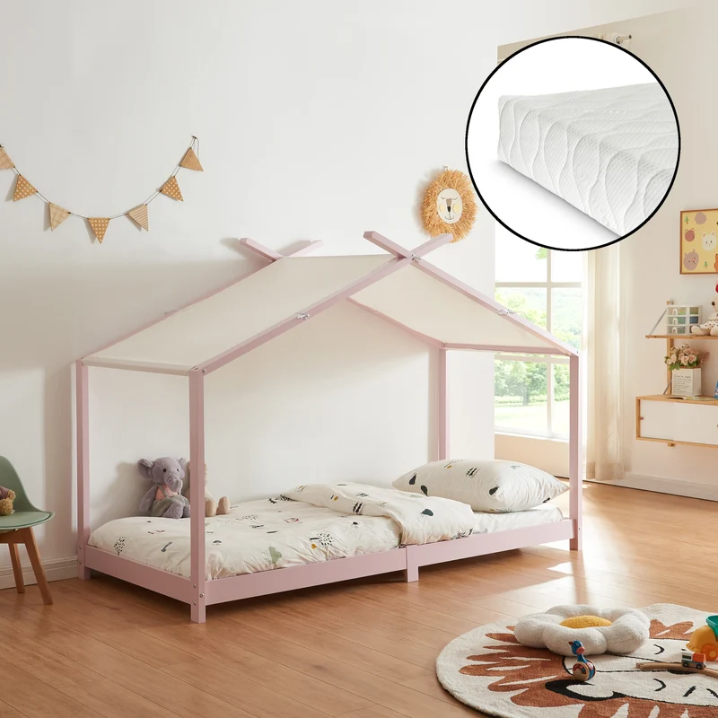 Cama para niños Brome Forma casita con colchón y techo pino 90x200cm [en.casa]