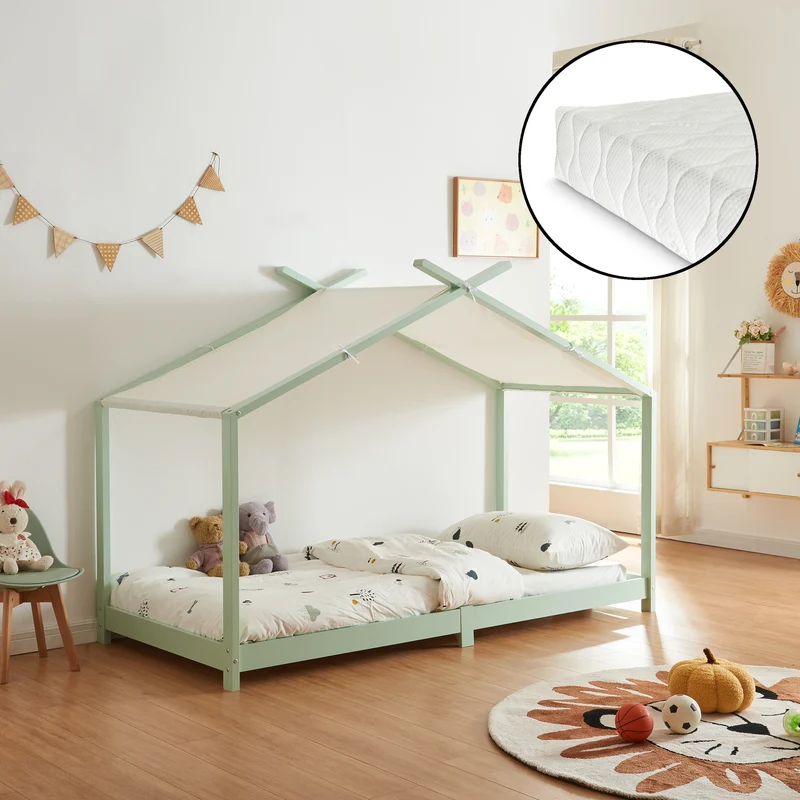 Cama para niños Brome Forma casita con colchón y techo pino 90x200cm [en.casa]
