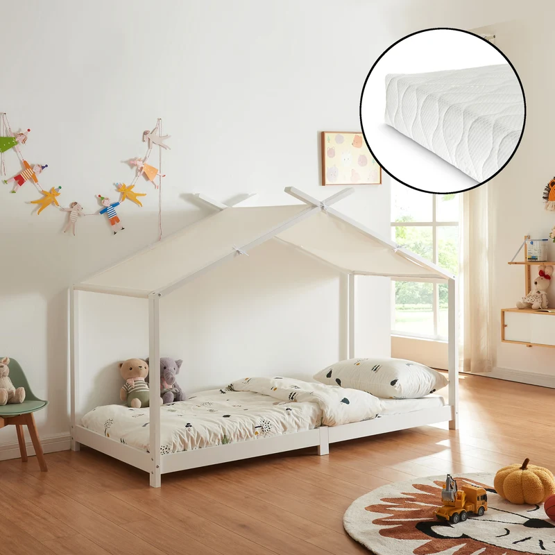 Cama para niños Brome Forma casita con colchón y techo pino 90x200cm [en.casa]