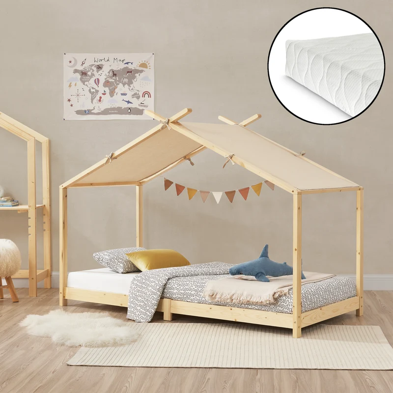Cama para niños Brome Forma casita con colchón y techo pino 90x200cm [en.casa]
