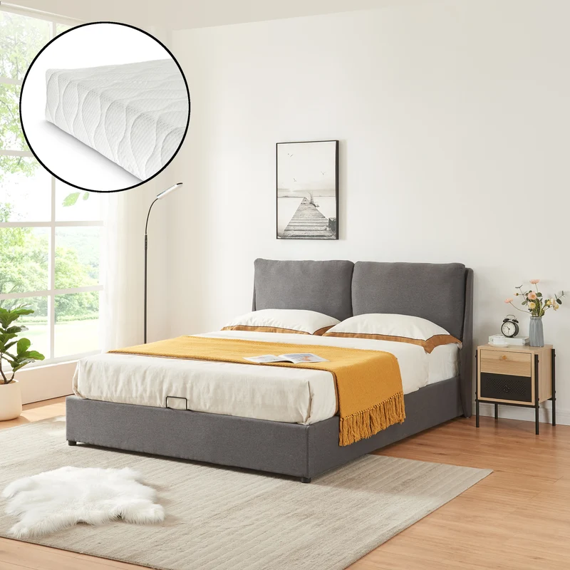 Cama tapizada Lunner con colchón [en.casa]