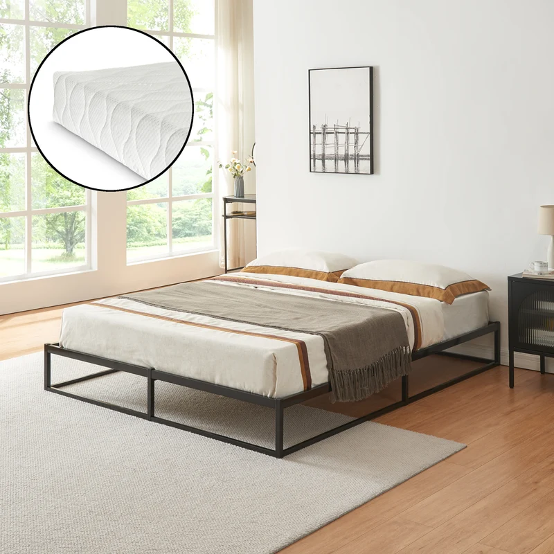 Cama de metal Trerunta con colchón acero negro [en.casa]
