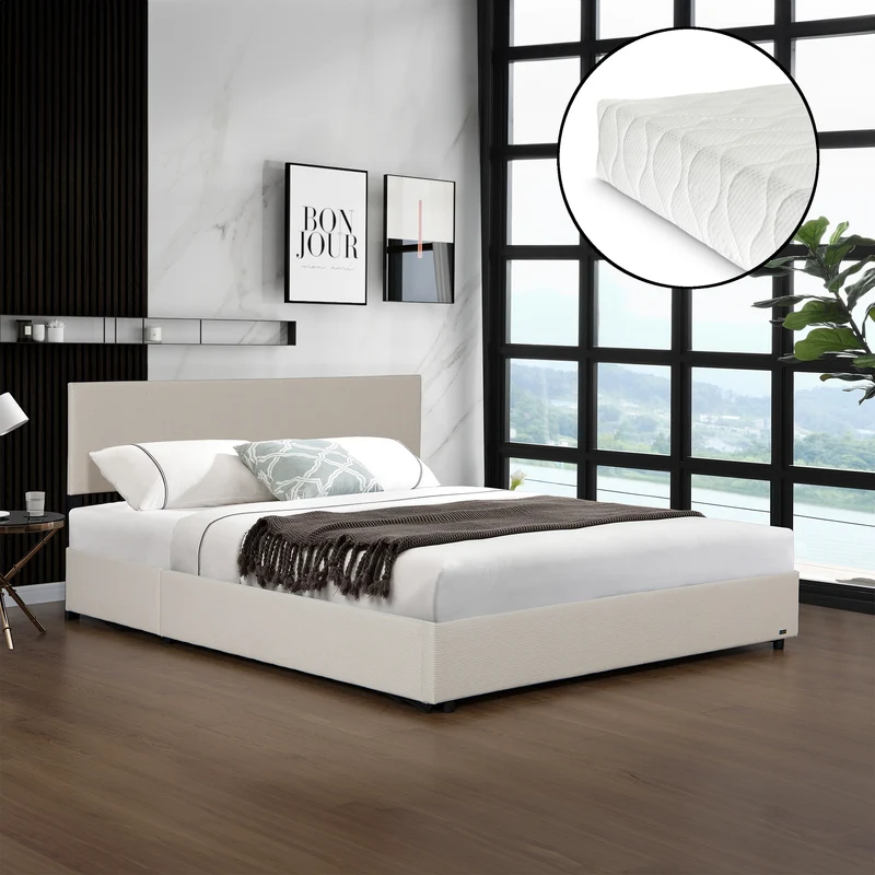 Cama tapizada Juva con colchón y canapé Corium