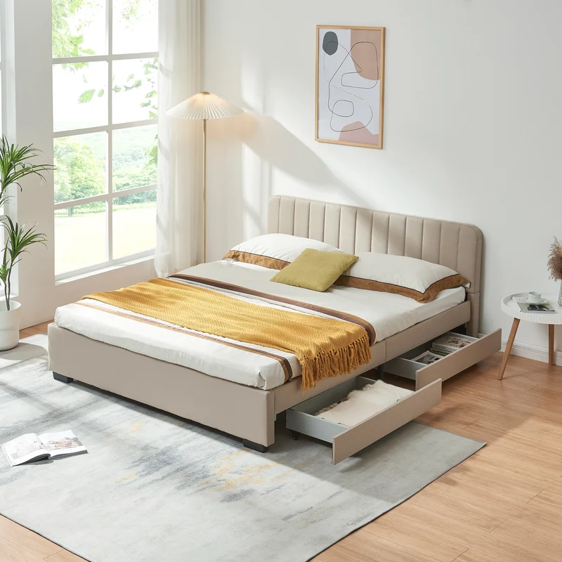 Cama tapizada Nofrenna con 4 cajones lino [en.casa]