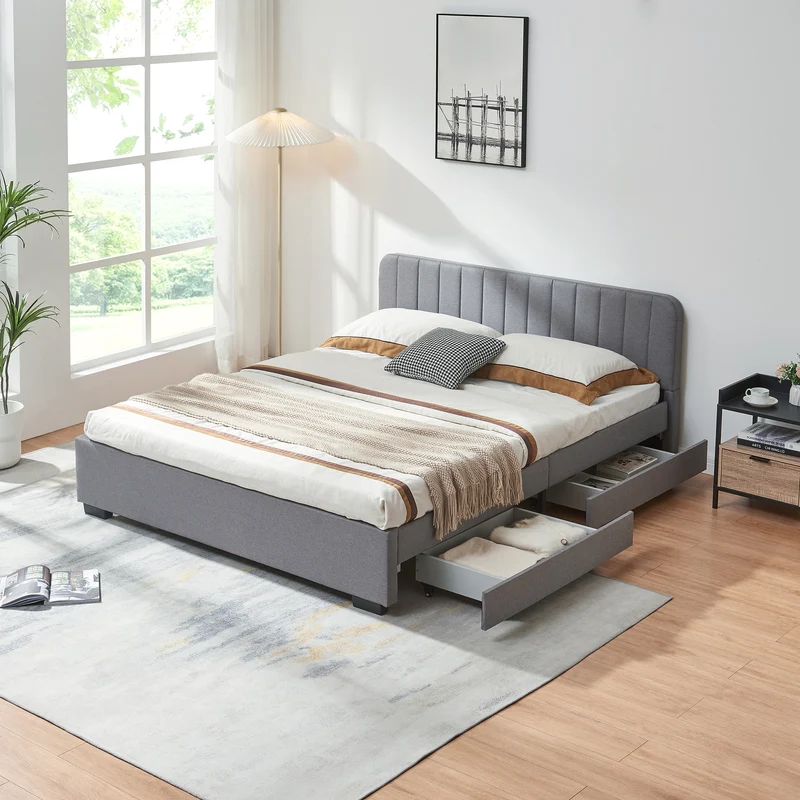 Cama tapizada Nofrenna con 4 cajones lino [en.casa]