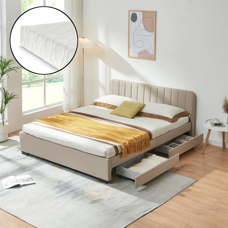 Cama tapizada Nofrenna con colchón de lino [en.casa]