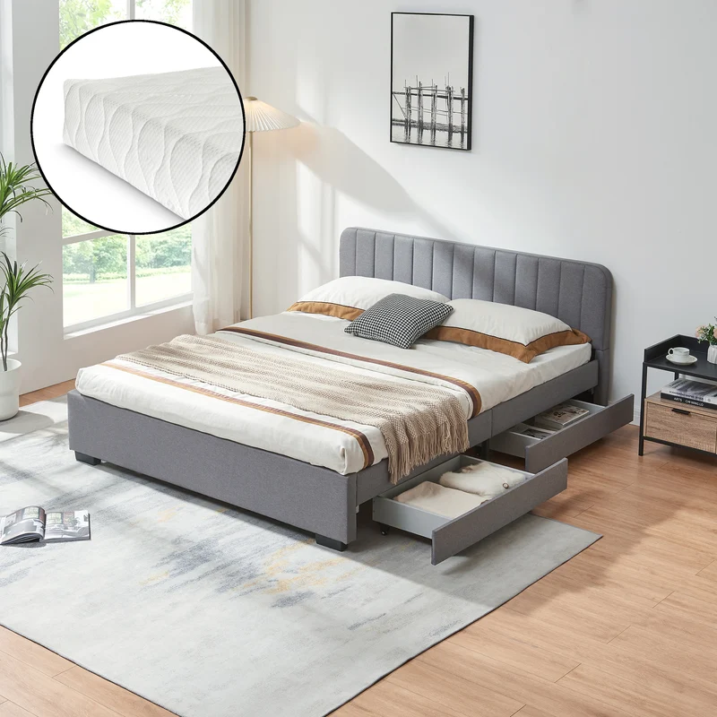 Cama tapizada Nofrenna con colchón de lino [en.casa]