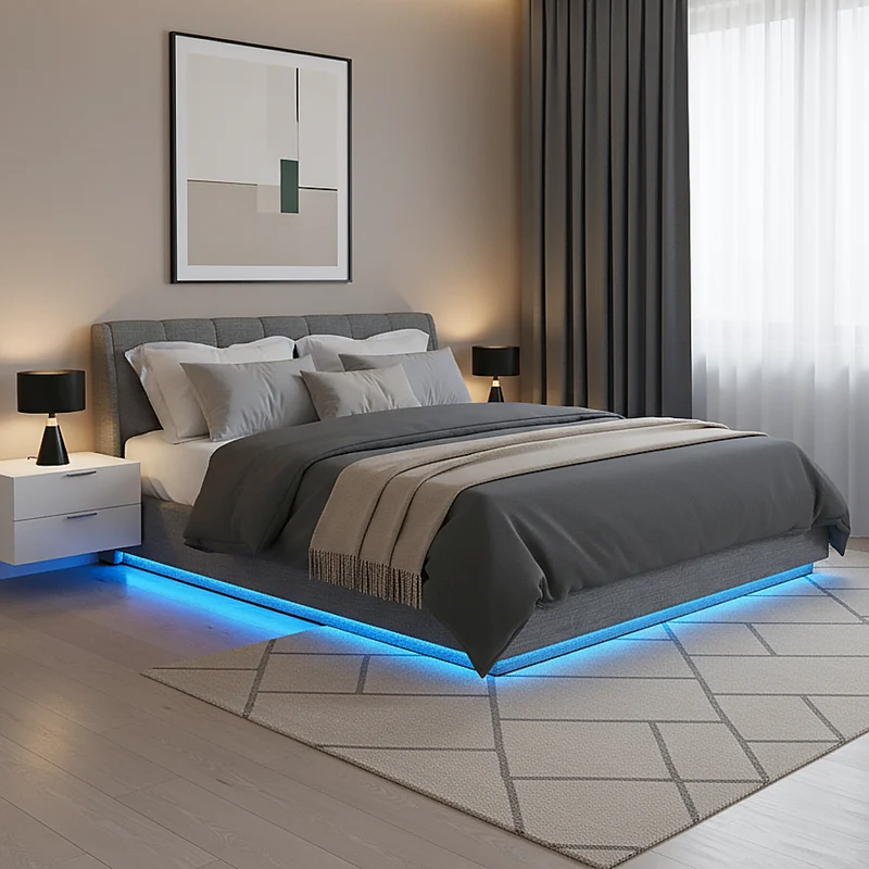 Cama tapizado LED Tröstiar con somier abatible 140/160/180x200cm [en.casa]