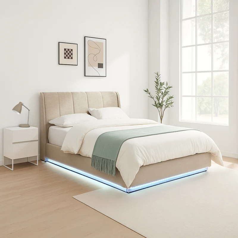 Cama tapizado LED Tröstiar con somier abatible 140/160/180x200cm [en.casa]