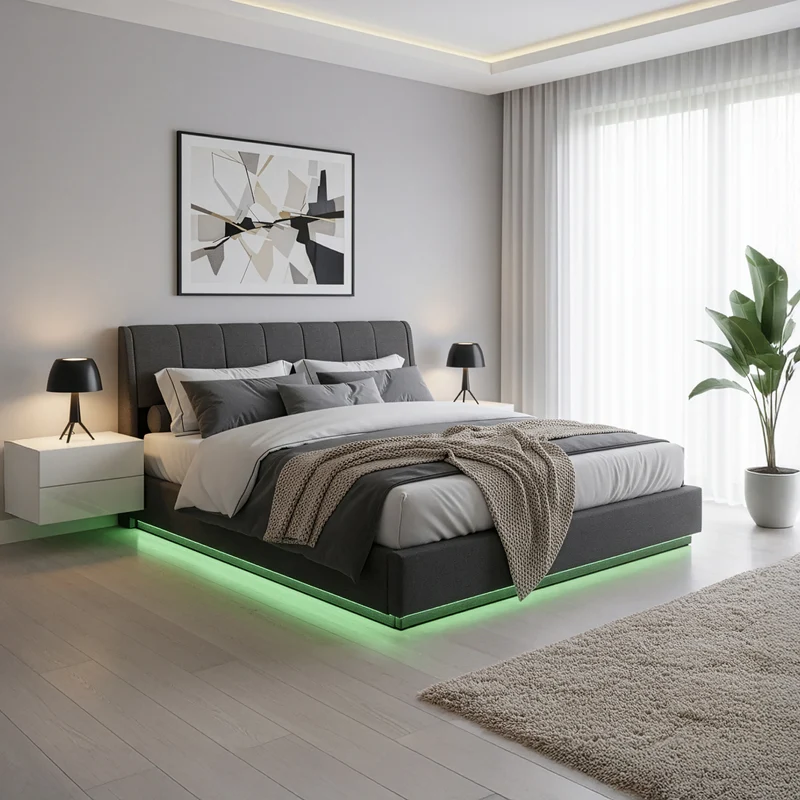 Cama tapizado LED Tröstiar con somier abatible 140/160/180x200cm [en.casa]