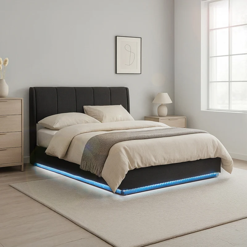 Cama tapizado LED Tröstiar con somier abatible 140/160/180x200cm [en.casa]