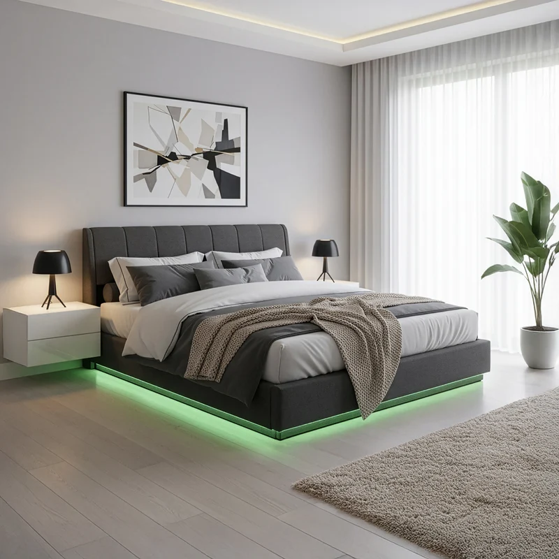 Cama tapizado LED Tröstiar con somier abatible 140/160/180x200cm [en.casa]