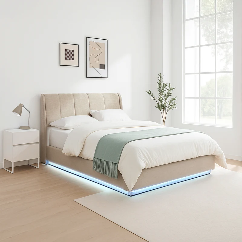 Cama tapizado LED Tröstiar con somier abatible 140/160/180x200cm [en.casa]
