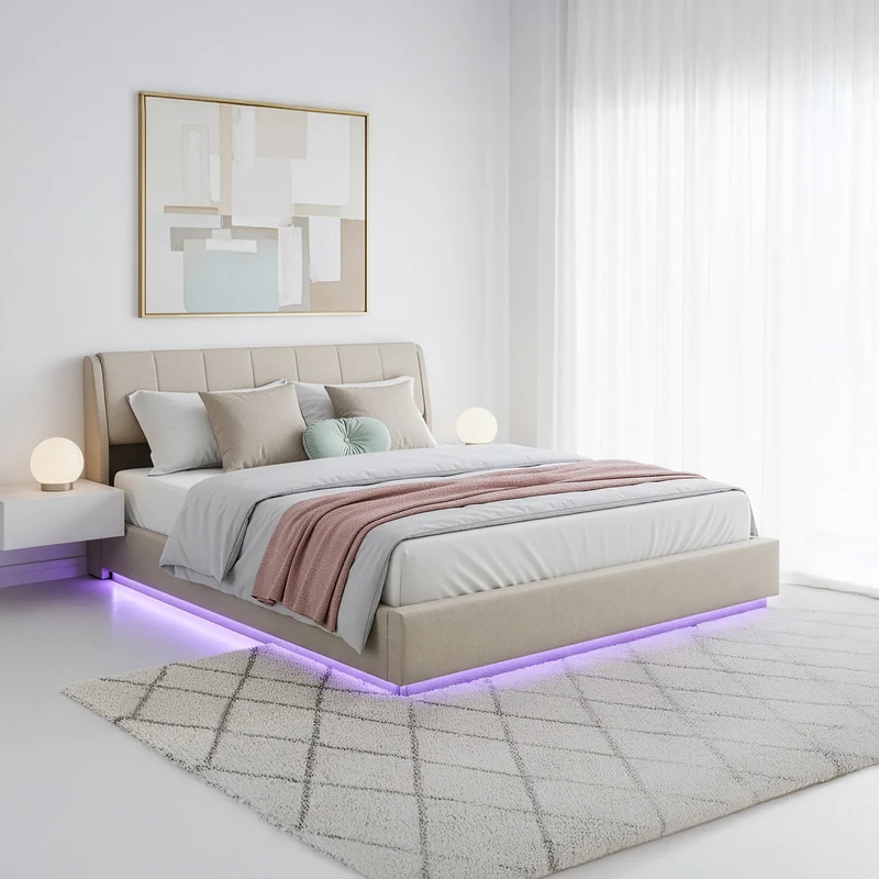 Cama tapizado LED Tröstiar con somier abatible 140/160/180x200cm [en.casa]