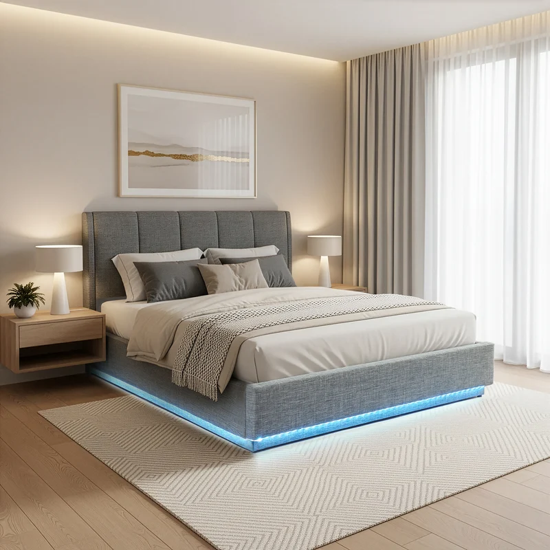 Cama tapizado LED Tröstiar con somier abatible 140/160/180x200cm [en.casa]