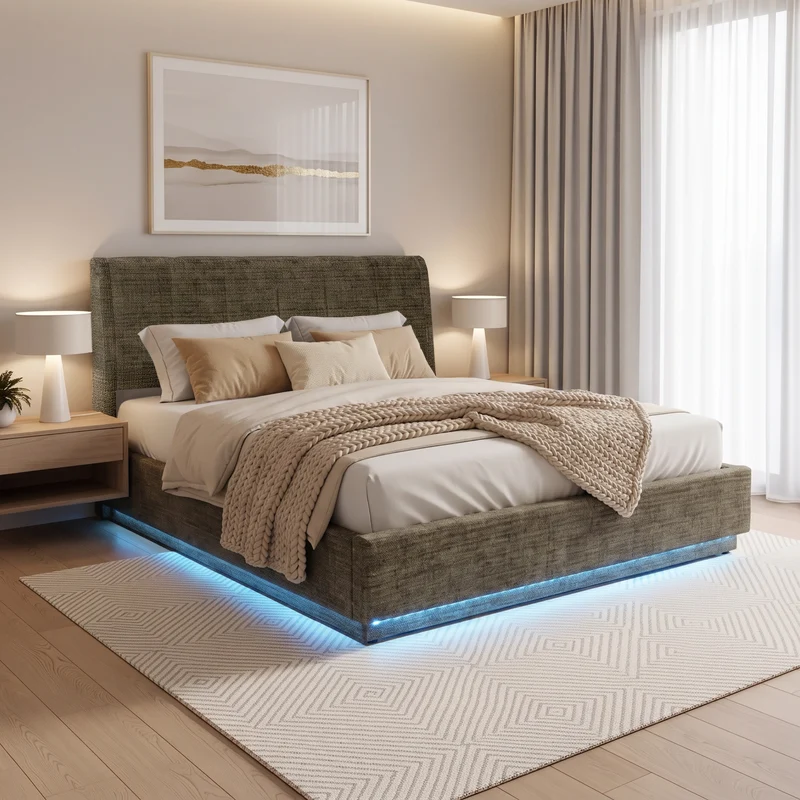 Cama tapizado LED Tröstiar con somier abatible 140/160/180x200cm [en.casa]