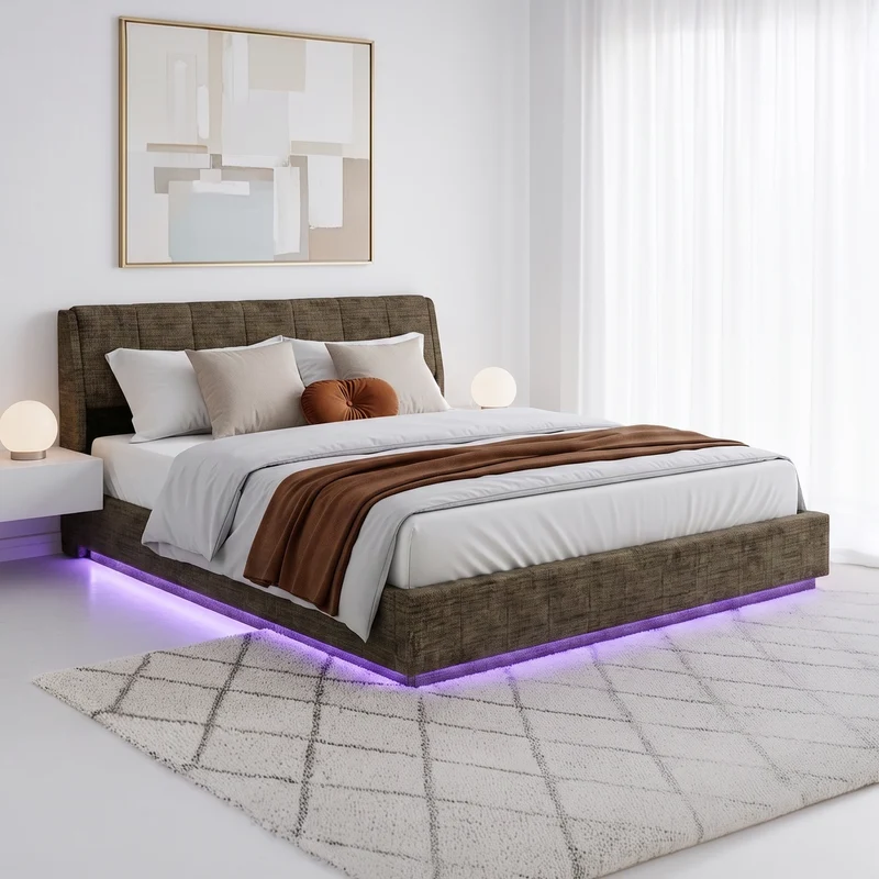 Cama tapizado LED Tröstiar con somier abatible 140/160/180x200cm [en.casa]