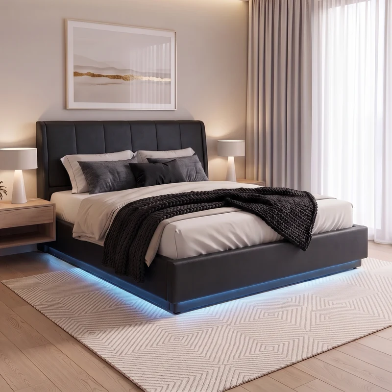 Cama tapizado LED Tröstiar con somier abatible 140/160/180x200cm [en.casa]