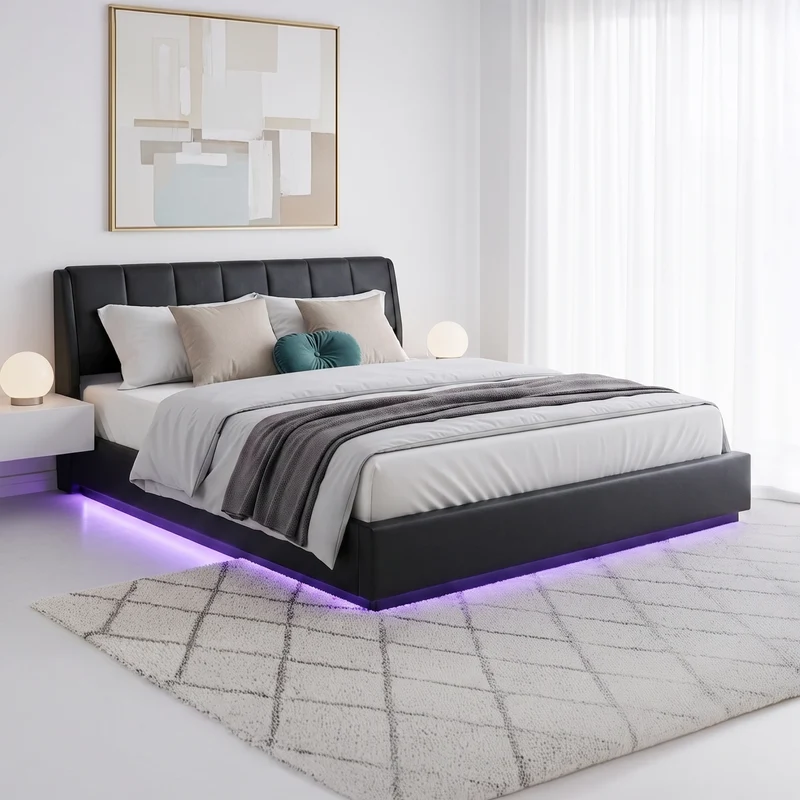 Cama tapizado LED Tröstiar con somier abatible 140/160/180x200cm [en.casa]