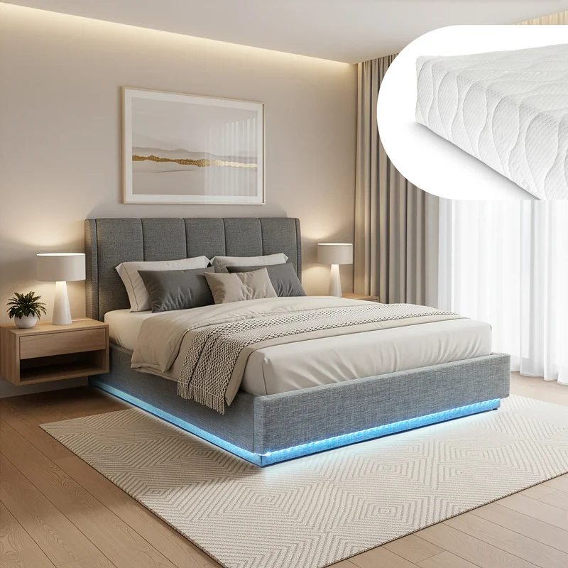 Cama tapizado LED Tröstiar con somier abatible + colchón 140/160/180x200cm [en.casa]
