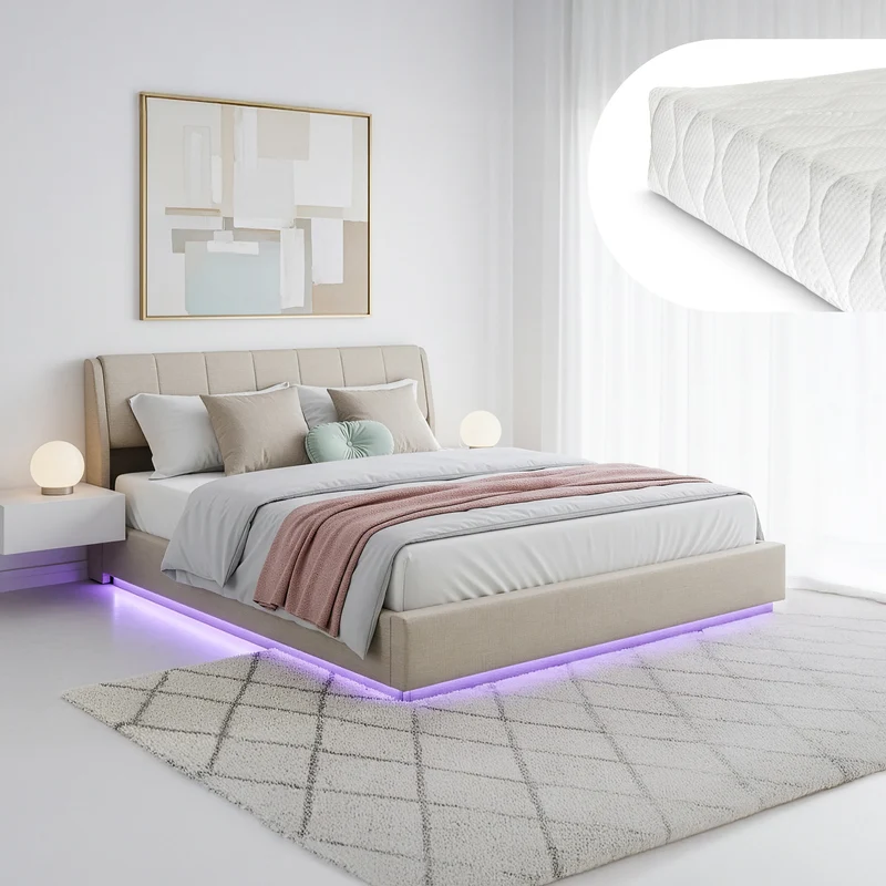 Cama tapizado LED Tröstiar con somier abatible + colchón 140/160/180x200cm [en.casa]