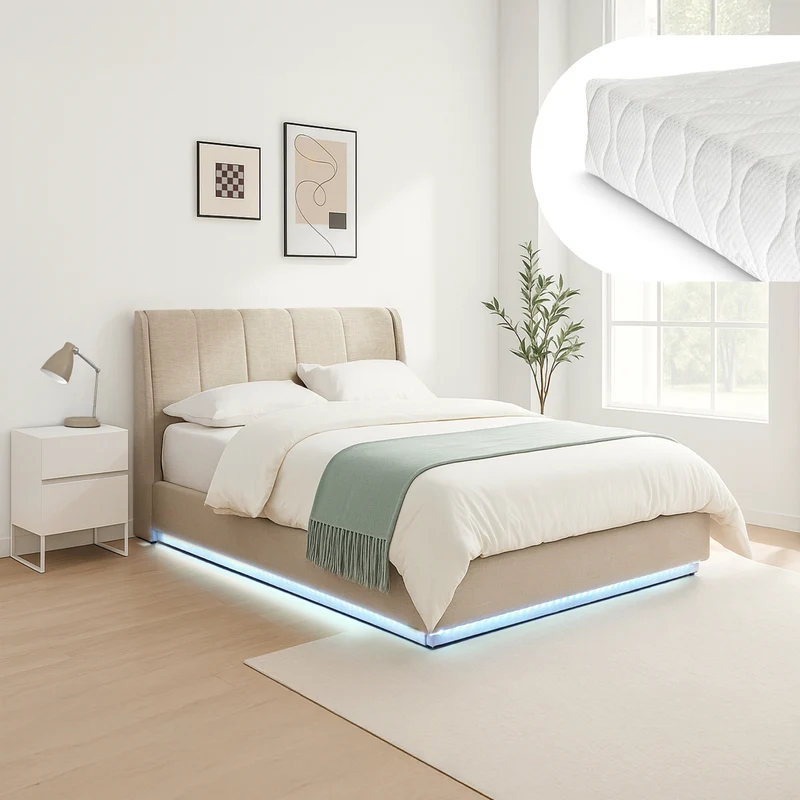 Cama tapizado LED Tröstiar con somier abatible + colchón 140/160/180x200cm [en.casa]