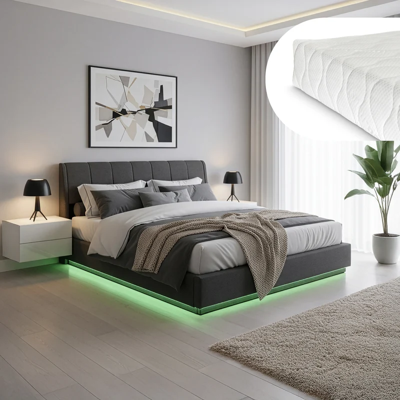 Cama tapizado LED Tröstiar con somier abatible + colchón 140/160/180x200cm [en.casa]