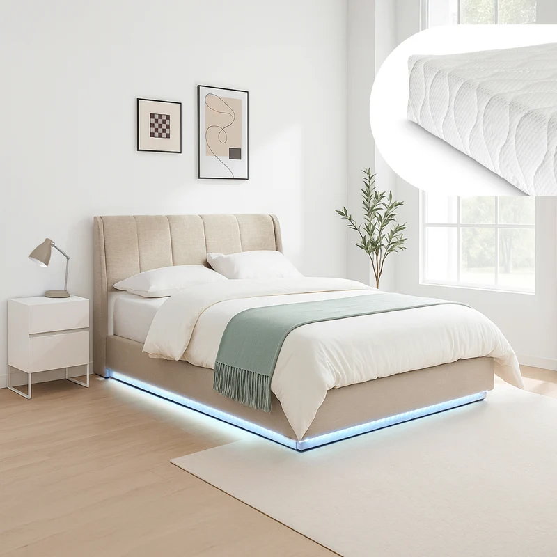 Cama tapizado LED Tröstiar con somier abatible + colchón 140/160/180x200cm [en.casa]
