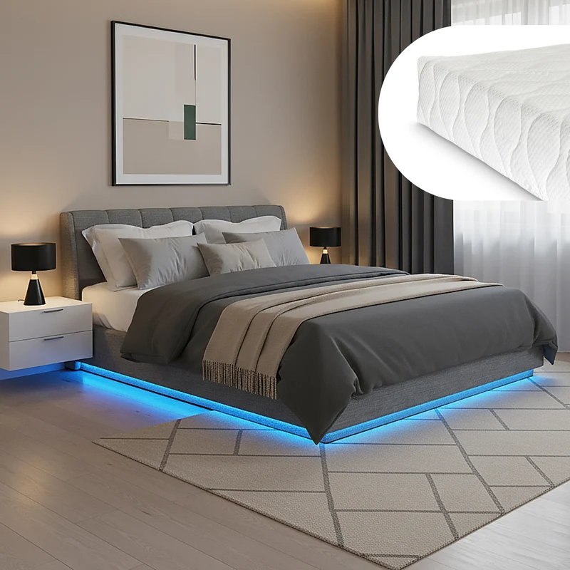 Cama tapizado LED Tröstiar con somier abatible + colchón 140/160/180x200cm [en.casa]