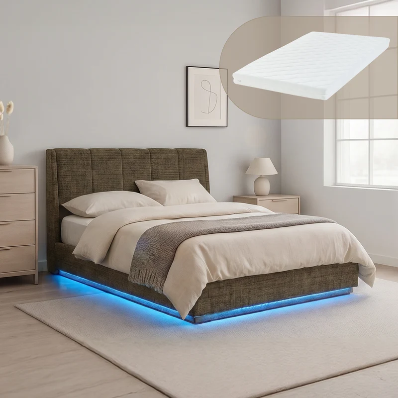 Cama tapizado LED Tröstiar con somier abatible + colchón 140/160/180x200cm [en.casa]