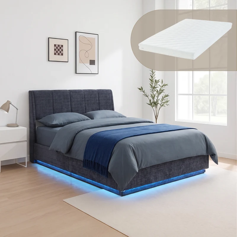 Cama tapizado LED Tröstiar con somier abatible + colchón 140/160/180x200cm [en.casa]