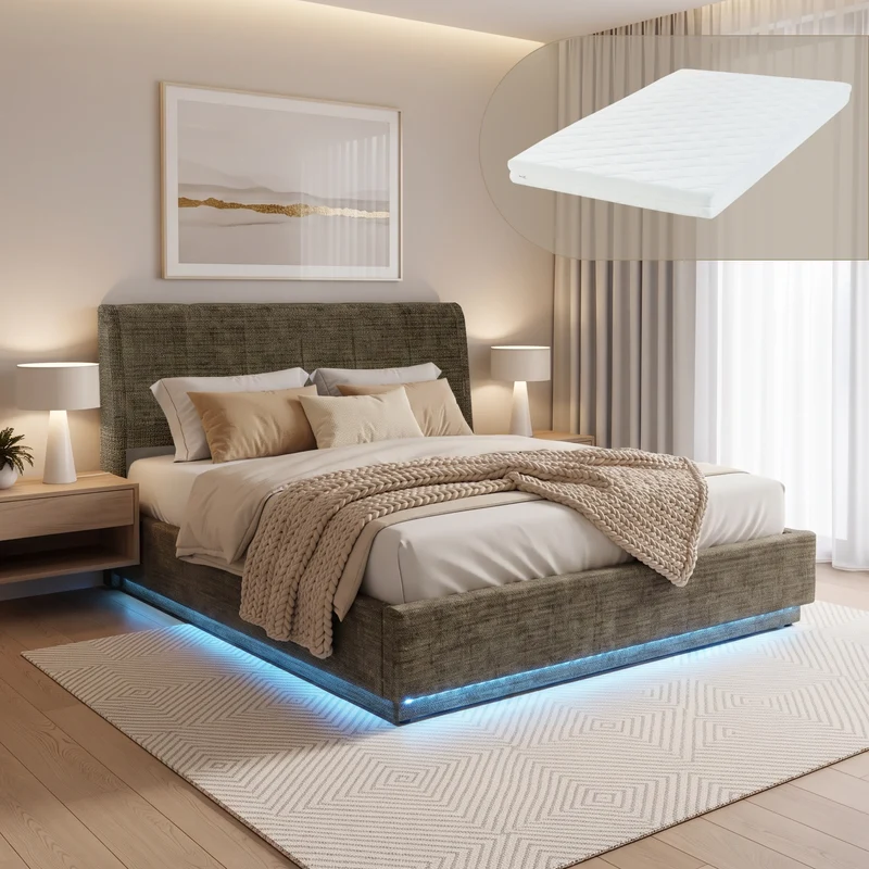 Cama tapizado LED Tröstiar con somier abatible + colchón 140/160/180x200cm [en.casa]