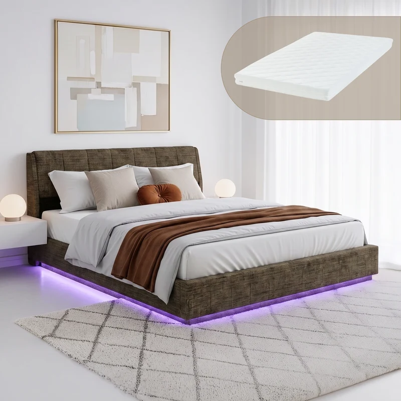 Cama tapizado LED Tröstiar con somier abatible + colchón 140/160/180x200cm [en.casa]