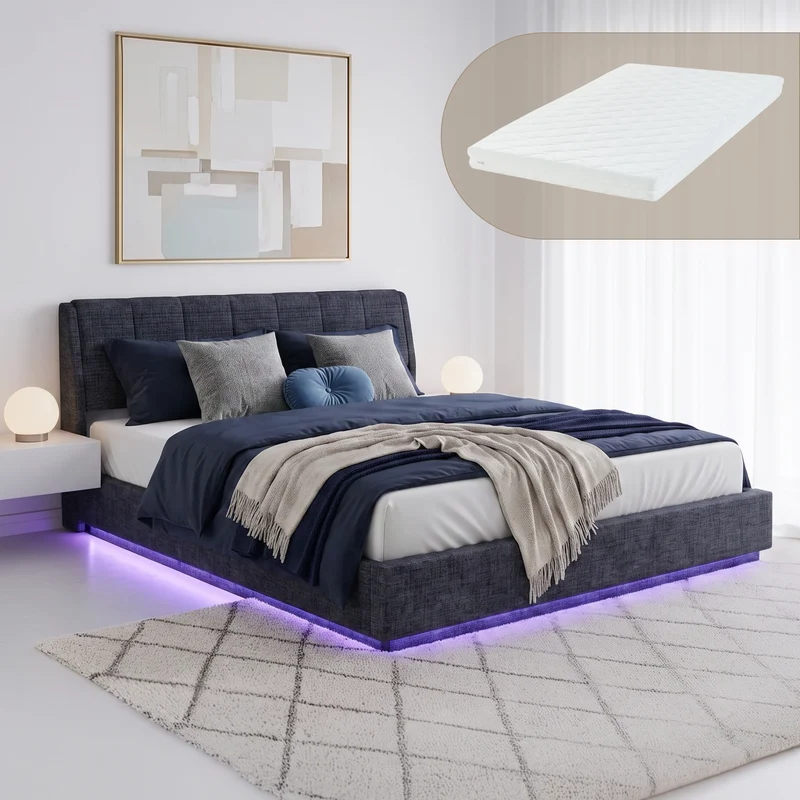 Cama tapizado LED Tröstiar con somier abatible + colchón 140/160/180x200cm [en.casa]
