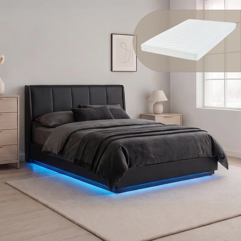 Cama tapizado LED Tröstiar con somier abatible + colchón 140/160/180x200cm [en.casa]