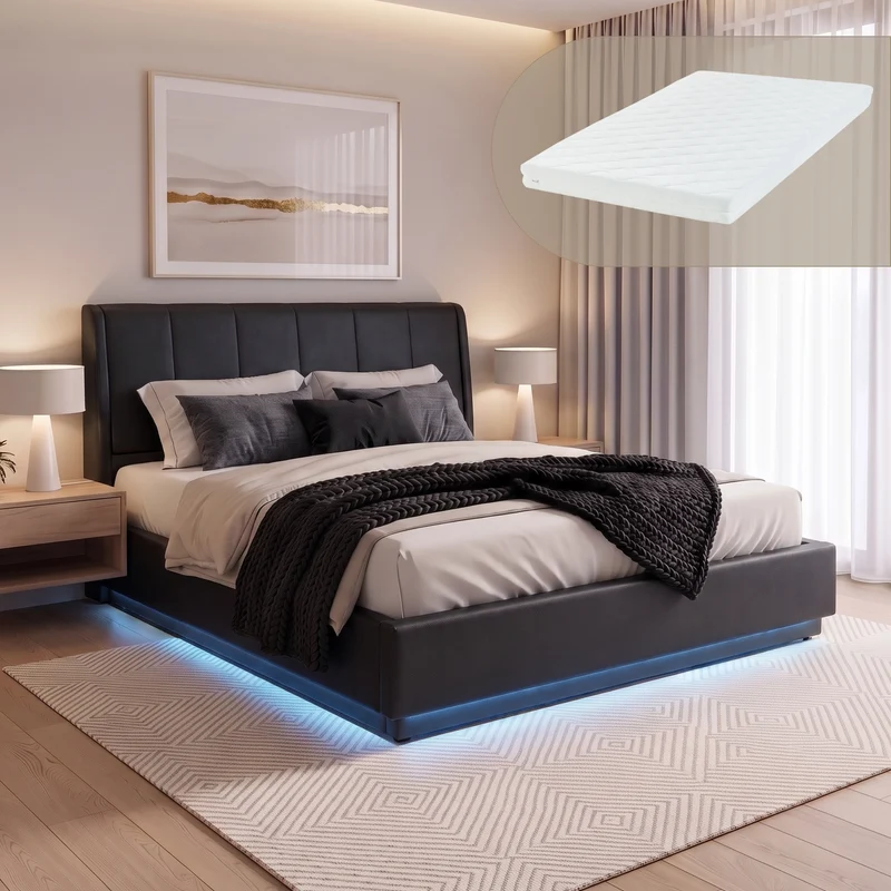 Cama tapizado LED Tröstiar con somier abatible + colchón 140/160/180x200cm [en.casa]