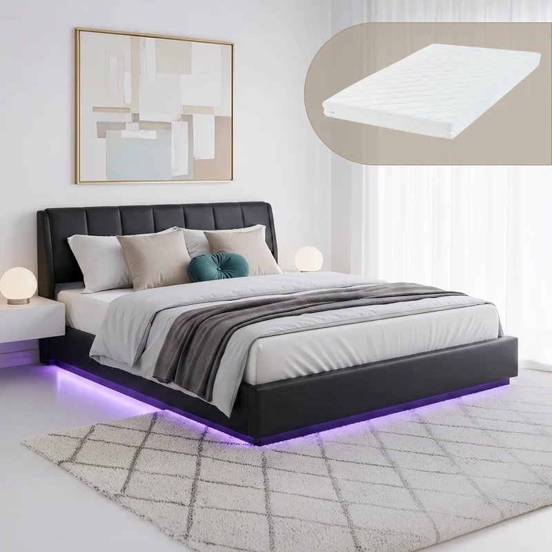Cama tapizado LED Tröstiar con somier abatible + colchón 140/160/180x200cm [en.casa]