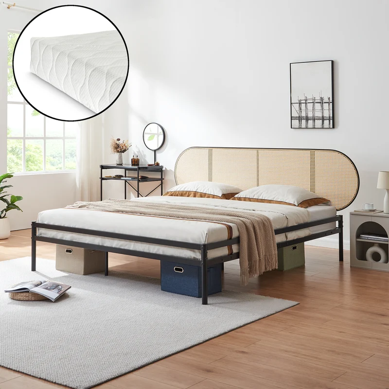 Cama de metal Linköping con cabecero ovalado y colchón [en.casa]